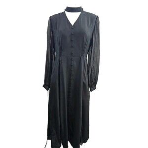 JESSIE LIU‎ Women's L Black Silk Gold Beaded Gusset Choker ALine Dress EUC